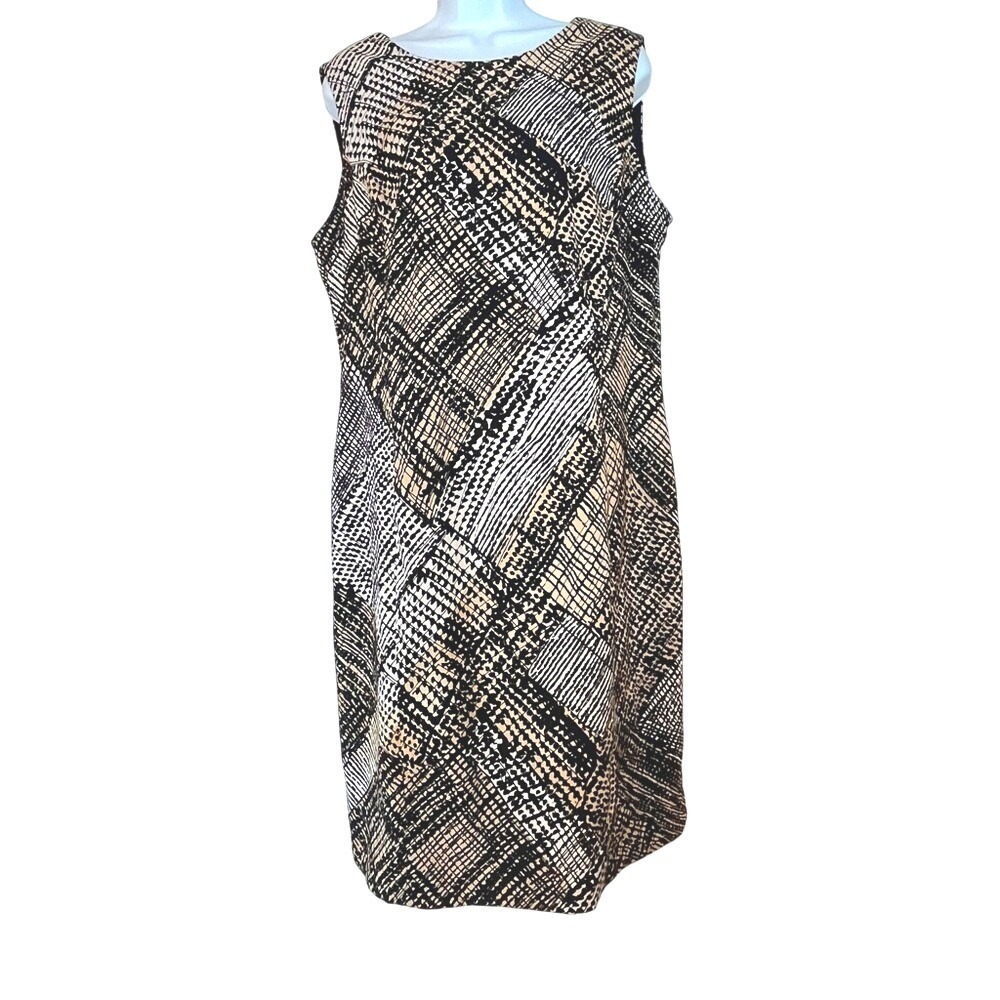 Jones Wear Womens Abstract Black White Tan Sleeveless Zip Sheath Dress Size 16